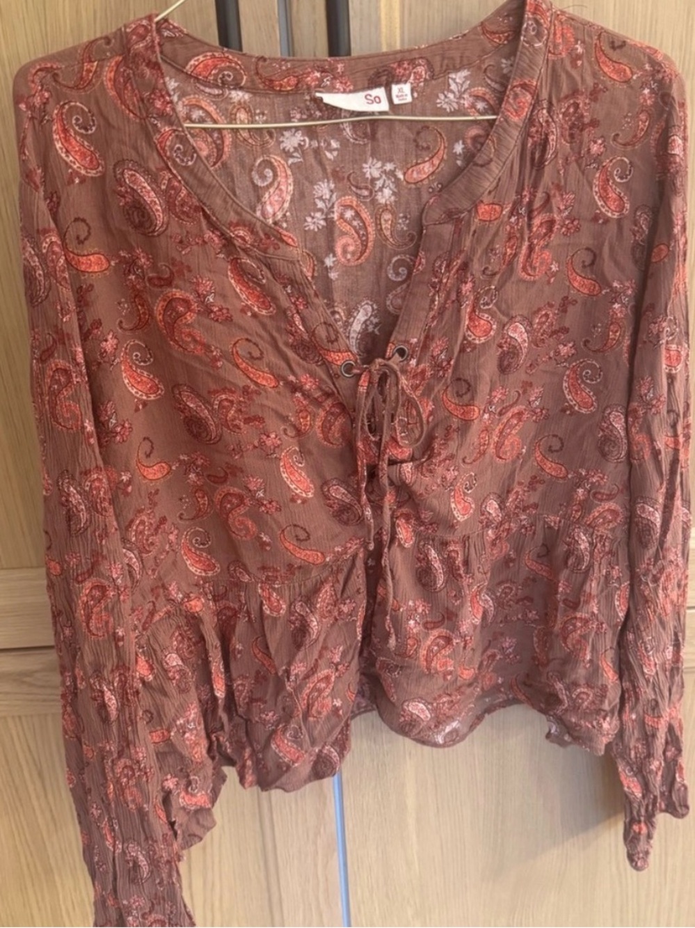 SO Brown Paisley Lace Up Peasant Blouse Size XL Boho Rayon Top